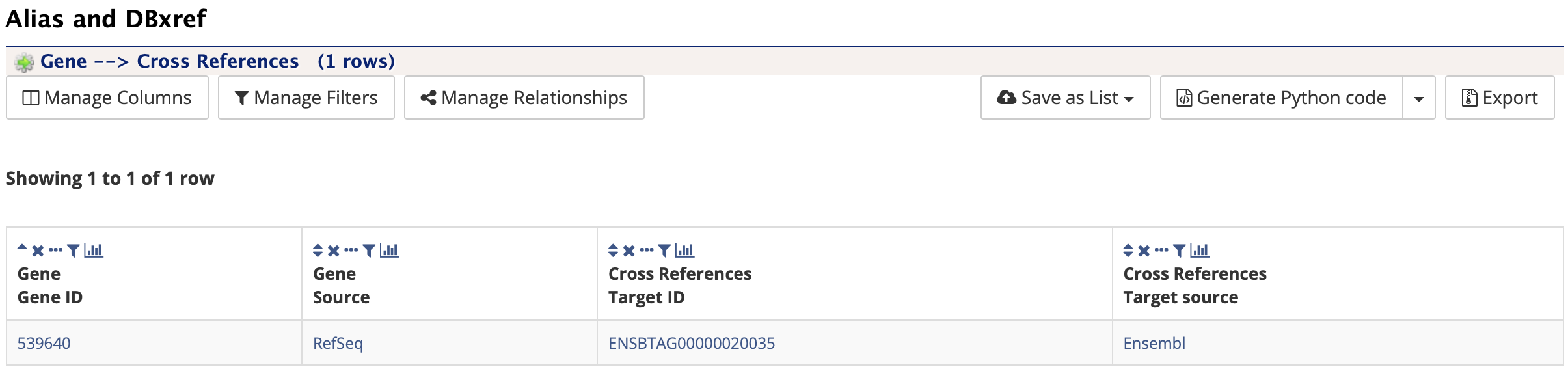 Report page Alias and DBxref section